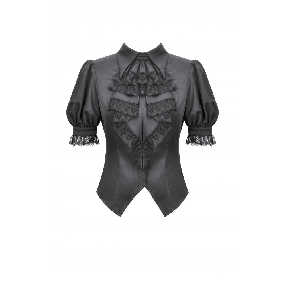 Dark in Love Women's Gothic Blouse Viktoria Lace Ruffle Black UK 8-18 - QHA UK