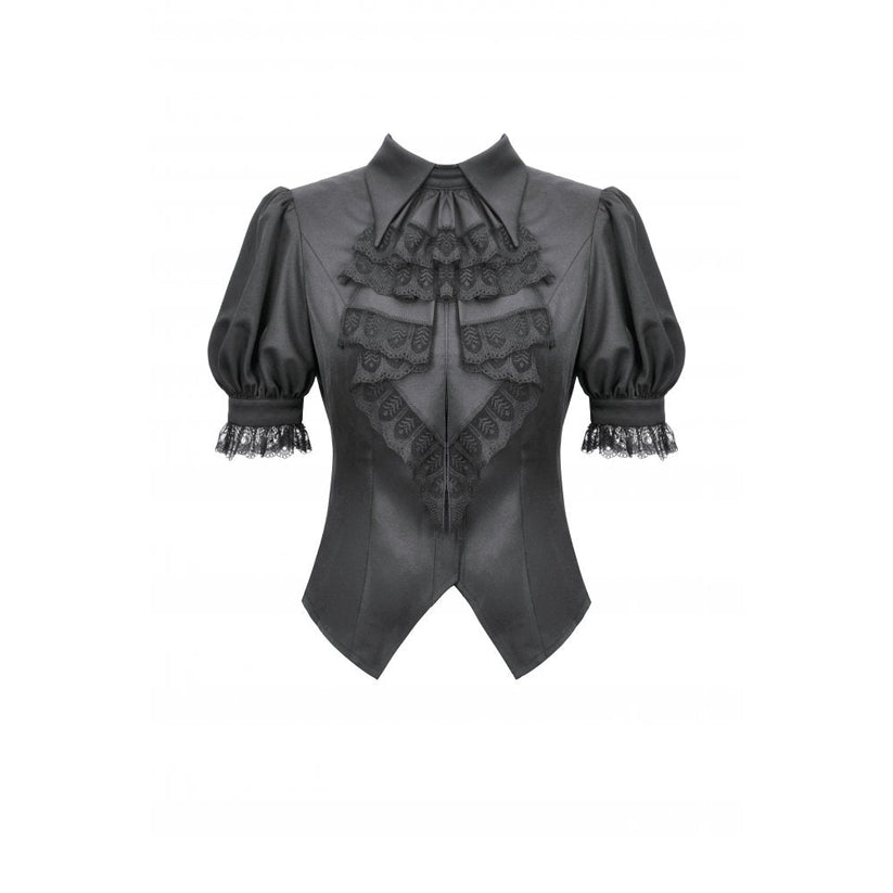 Dark in Love Women's Gothic Blouse Viktoria Lace Ruffle Black UK 8-18 - QHA UK