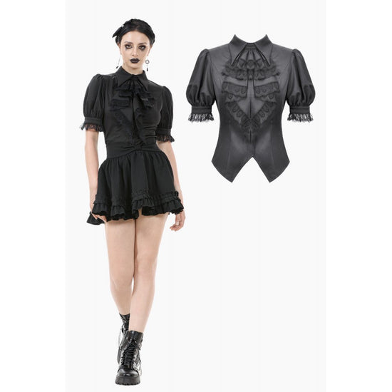 Dark in Love Women's Gothic Blouse Viktoria Lace Ruffle Black UK 8-18 - QHA UK