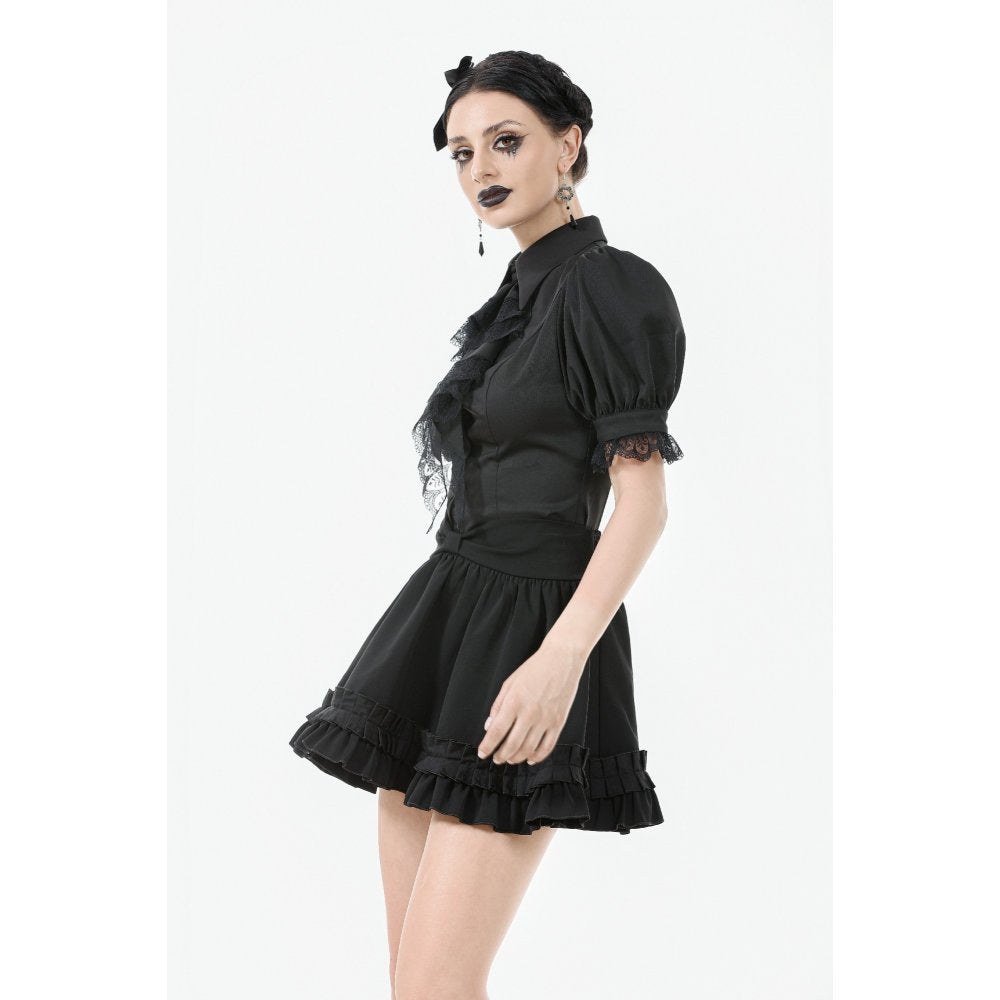 Dark in Love Women's Gothic Blouse Viktoria Lace Ruffle Black UK 8-18 - QHA UK