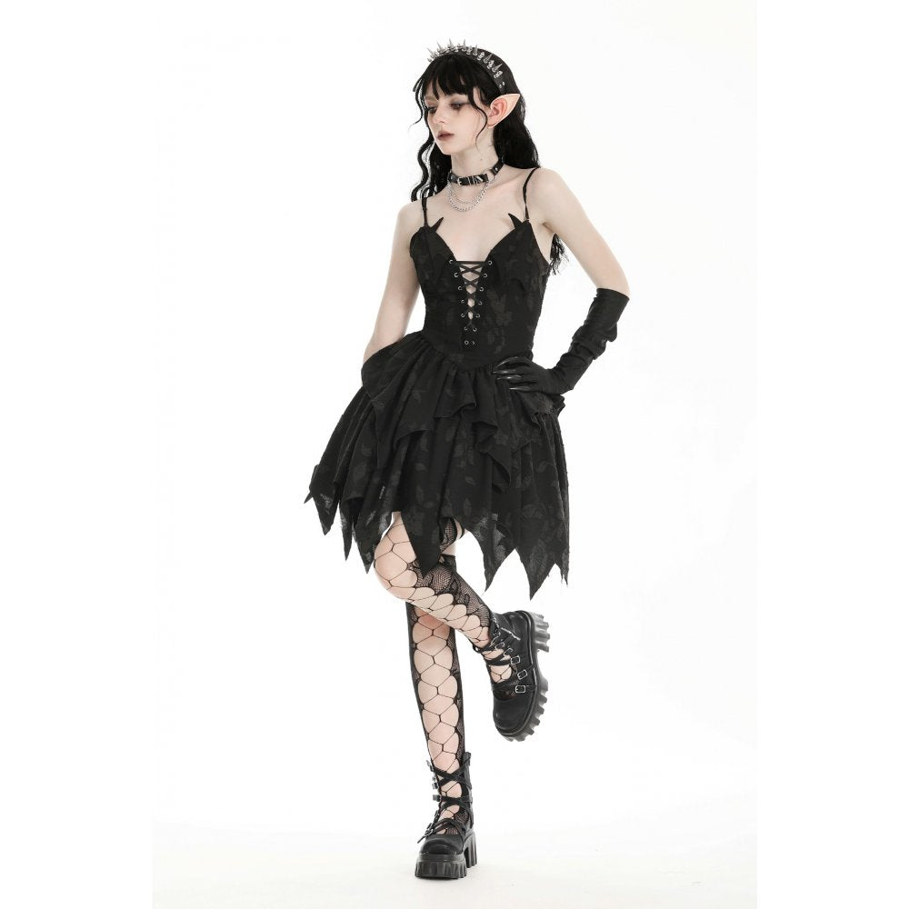Dark in Love Gothic Dress Zemira 3D Floral Plunge Lace-Up Batwing Bust - QHA UK