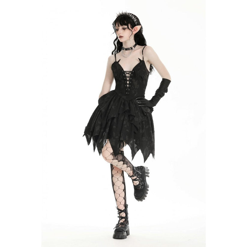 Dark in Love Gothic Dress Zemira 3D Floral Plunge Lace-Up Batwing Bust - QHA UK