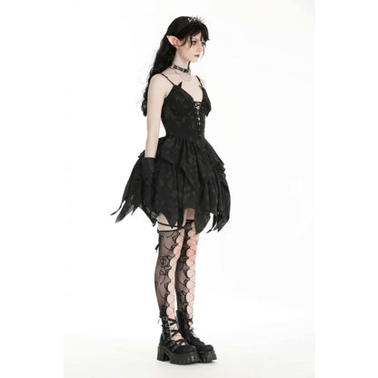 Dark in Love Gothic Dress Zemira 3D Floral Plunge Lace-Up Batwing Bust - QHA UK