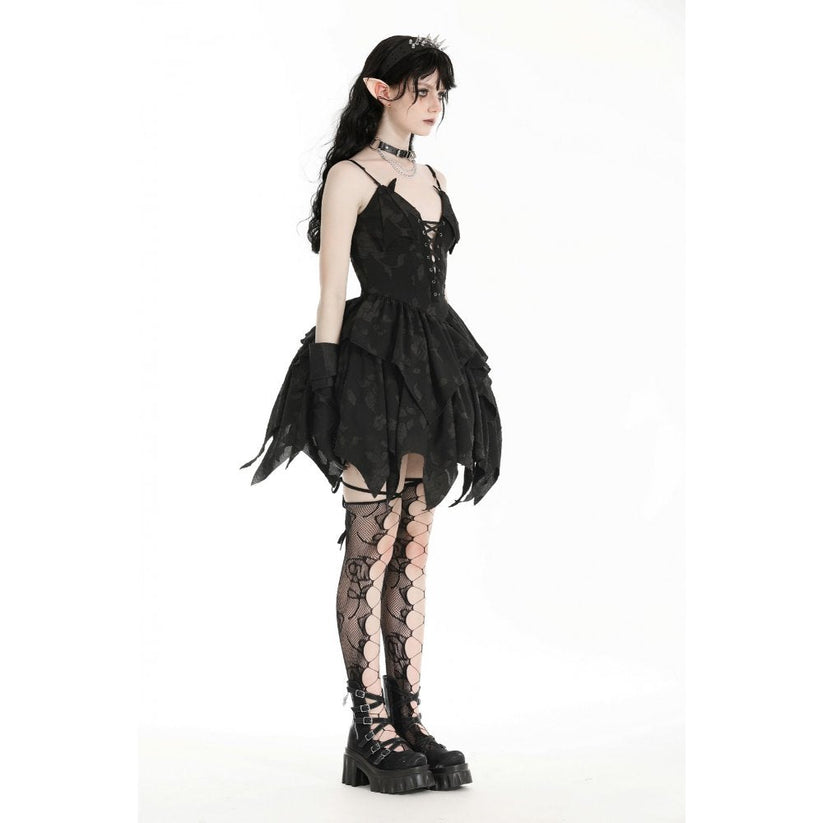 Dark in Love Gothic Dress Zemira 3D Floral Plunge Lace-Up Batwing Bust - QHA UK