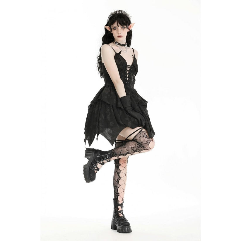 Dark in Love Gothic Dress Zemira 3D Floral Plunge Lace-Up Batwing Bust - QHA UK