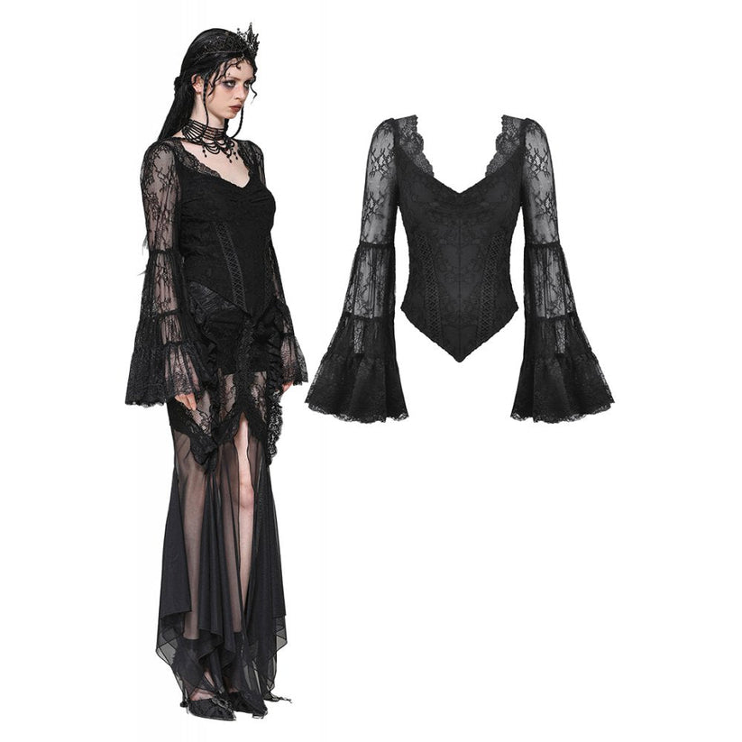 Dark in Love Gothic Top Zuri Romantic Lace Patchwork Bell-Sleeve - QHA UK