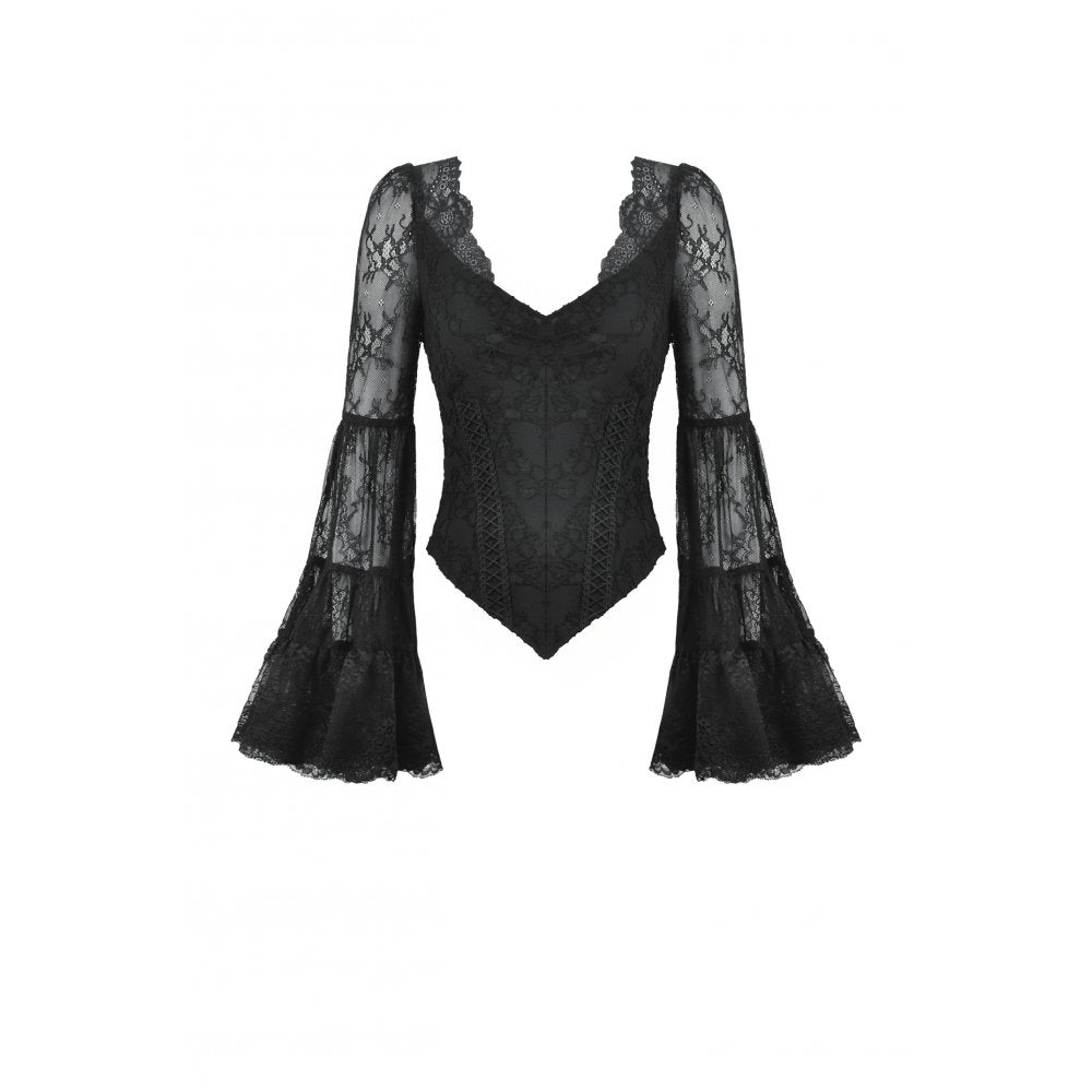 Dark in Love Gothic Top Zuri Romantic Lace Patchwork Bell-Sleeve - Sleeve Detail - QHA UK