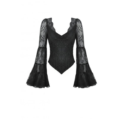 Dark in Love Gothic Top Zuri Romantic Lace Patchwork Bell-Sleeve - Sleeve Detail - QHA UK