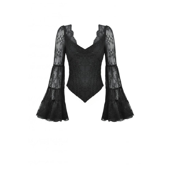Dark in Love Gothic Top Zuri Romantic Lace Patchwork Bell-Sleeve - Sleeve Detail - QHA UK
