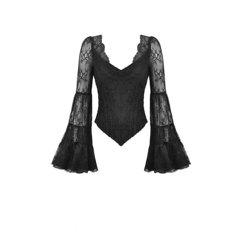 Dark in Love Gothic Top Zuri Romantic Lace Patchwork Bell-Sleeve - Sleeve Detail - QHA UK