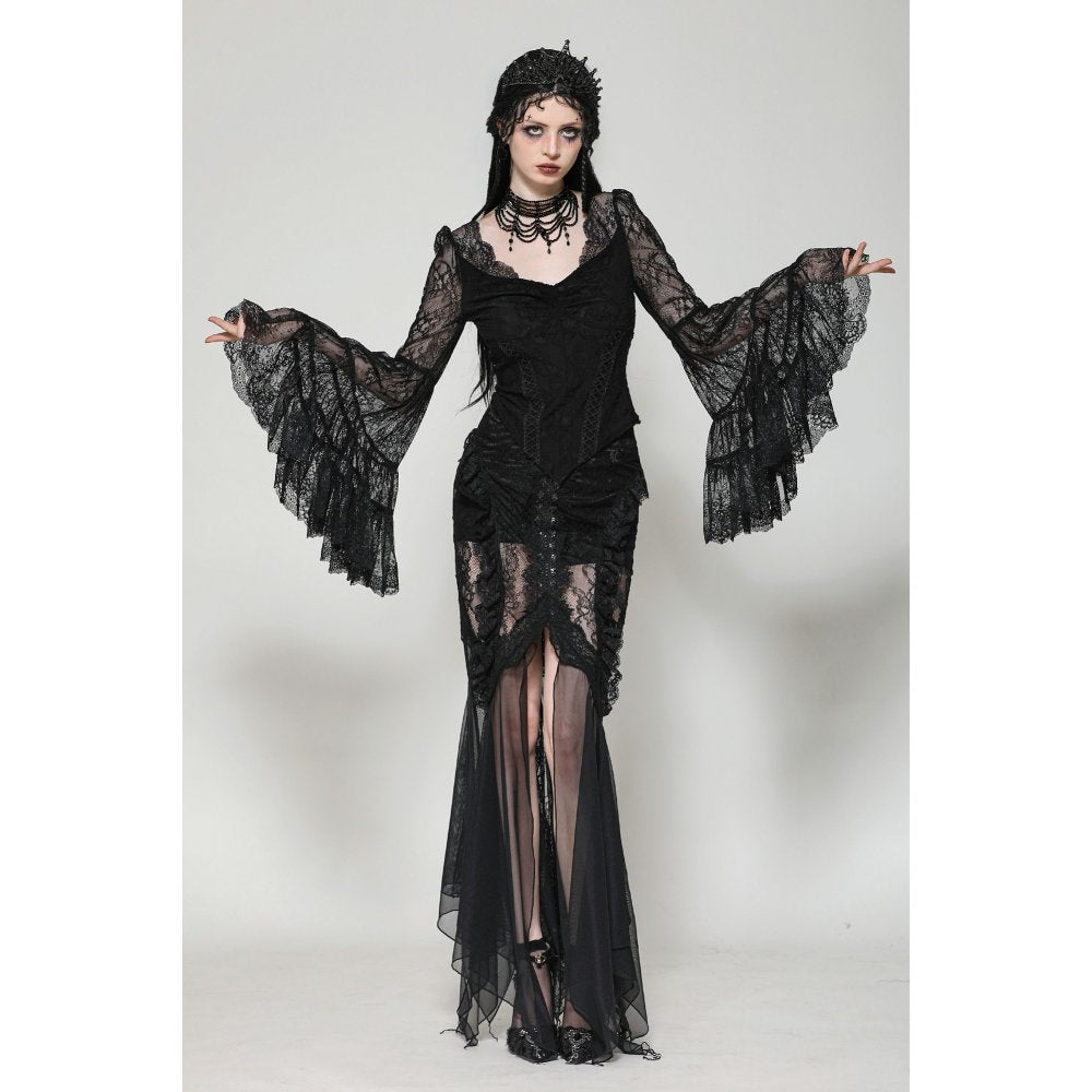 Dark in Love Gothic Top Zuri Romantic Lace Patchwork Bell-Sleeve - Sleeve Detail - QHA UK