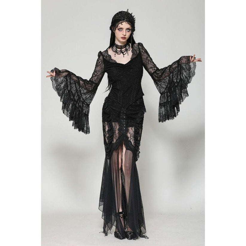 Dark in Love Gothic Top Zuri Romantic Lace Patchwork Bell-Sleeve - Sleeve Detail - QHA UK