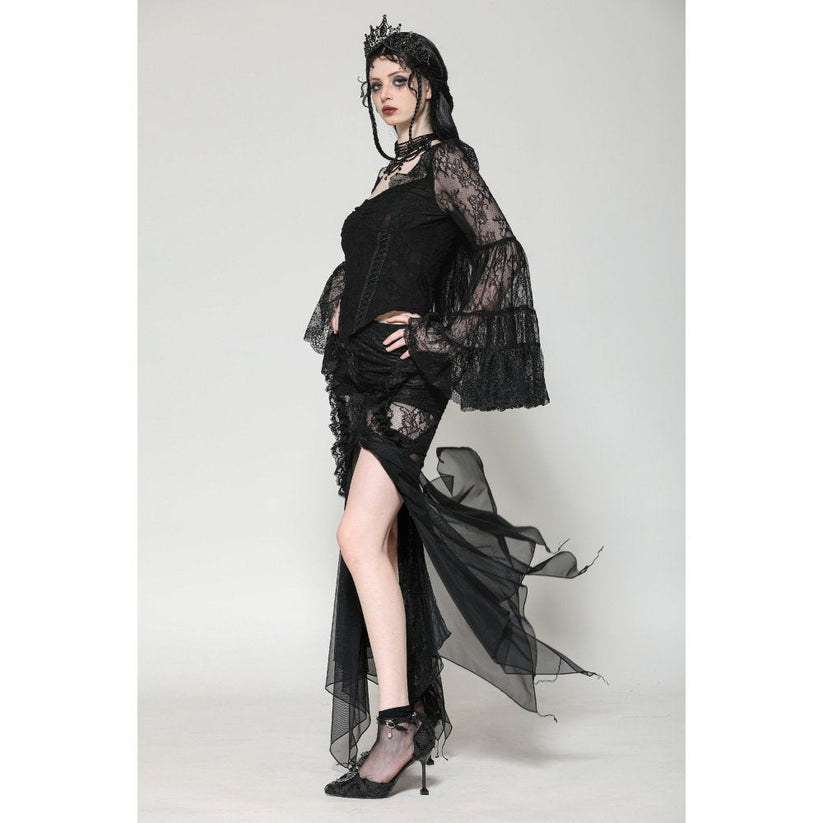 Dark in Love Gothic Top Zuri Romantic Lace Patchwork Bell-Sleeve - Sleeve Detail - QHA UK