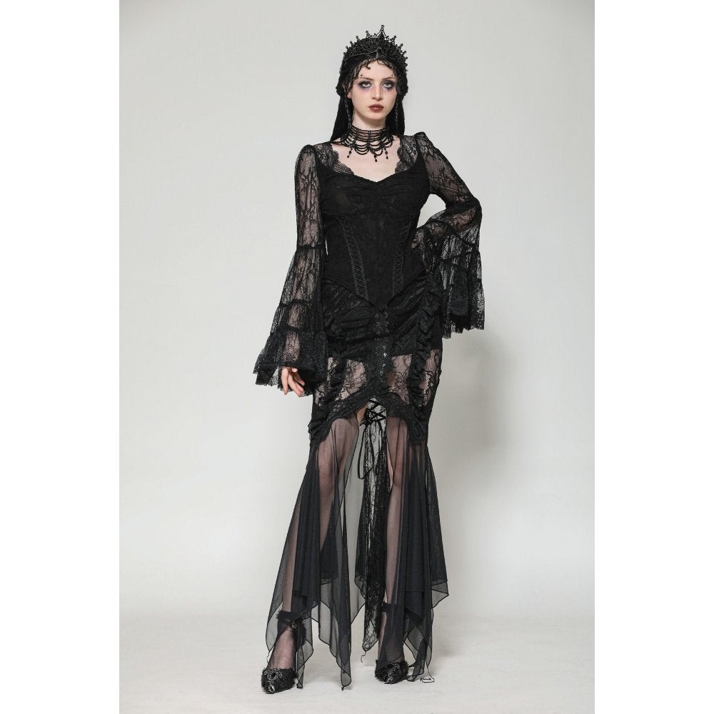 Dark in Love Gothic Top Zuri Romantic Lace Patchwork Bell-Sleeve - Sleeve Detail - QHA UK