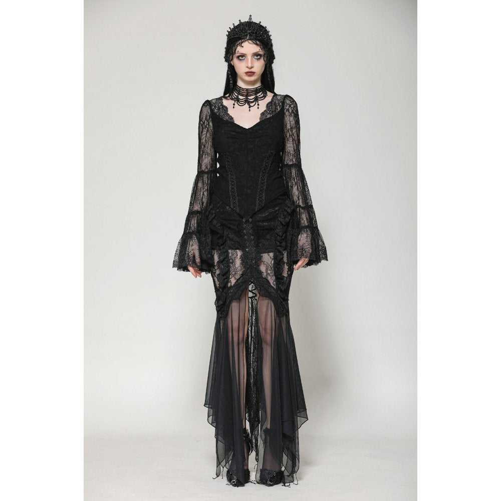 Dark in Love Gothic Top Zuri Romantic Lace Patchwork Bell-Sleeve - Sleeve Detail - QHA UK