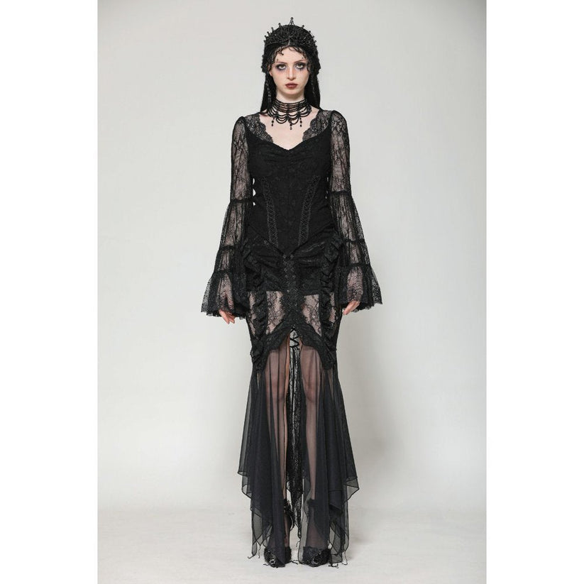 Dark in Love Gothic Top Zuri Romantic Lace Patchwork Bell-Sleeve - Sleeve Detail - QHA UK