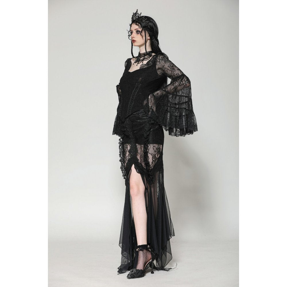 Dark in Love Gothic Top Zuri Romantic Lace Patchwork Bell-Sleeve - Sleeve Detail - QHA UK