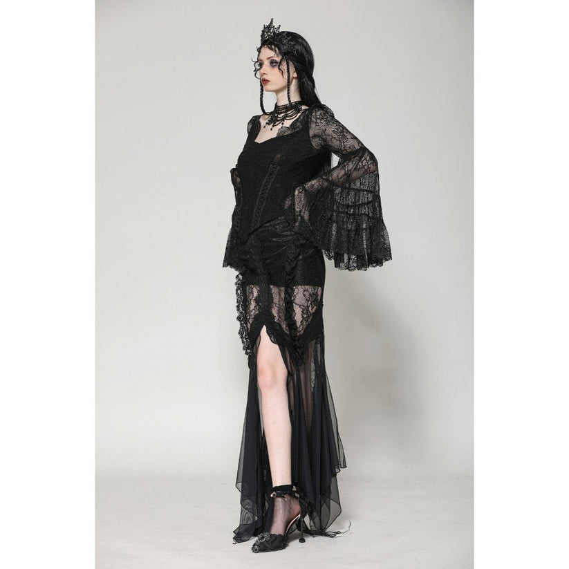 Dark in Love Gothic Top Zuri Romantic Lace Patchwork Bell-Sleeve - Sleeve Detail - QHA UK