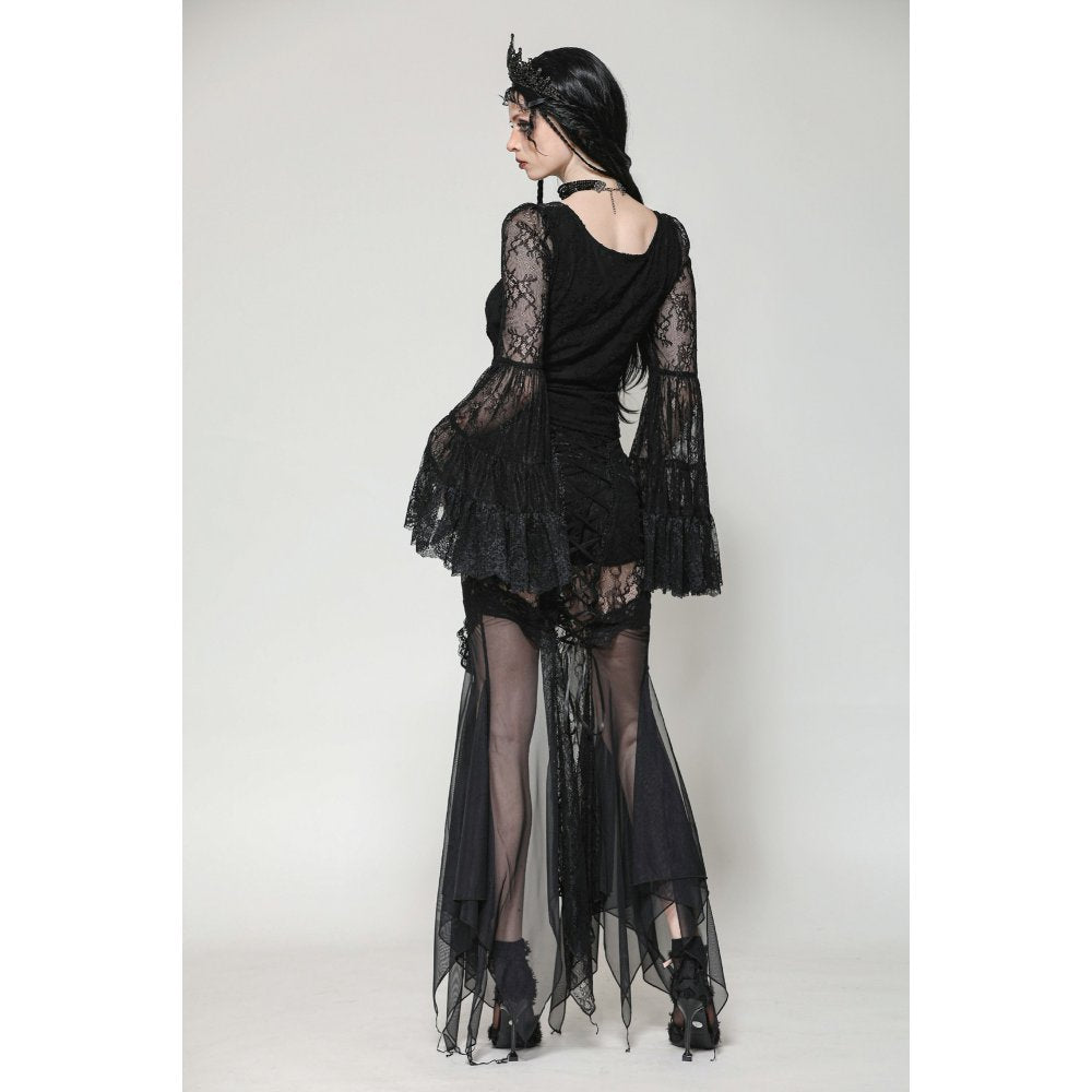 Dark in Love Gothic Top Zuri Romantic Lace Patchwork Bell-Sleeve - Sleeve Detail - QHA UK