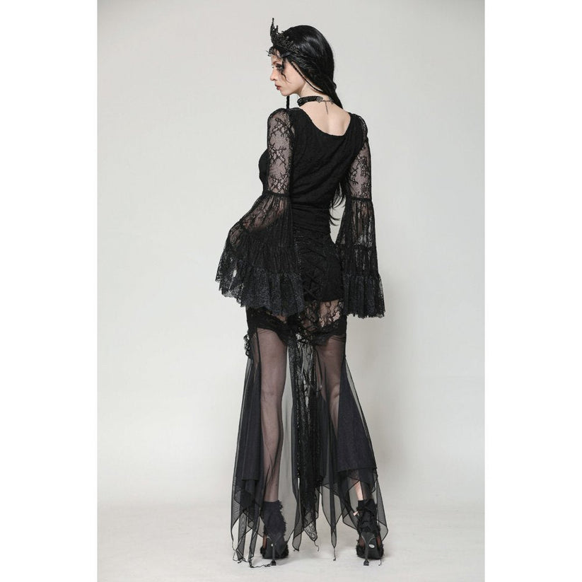 Dark in Love Gothic Top Zuri Romantic Lace Patchwork Bell-Sleeve - Sleeve Detail - QHA UK