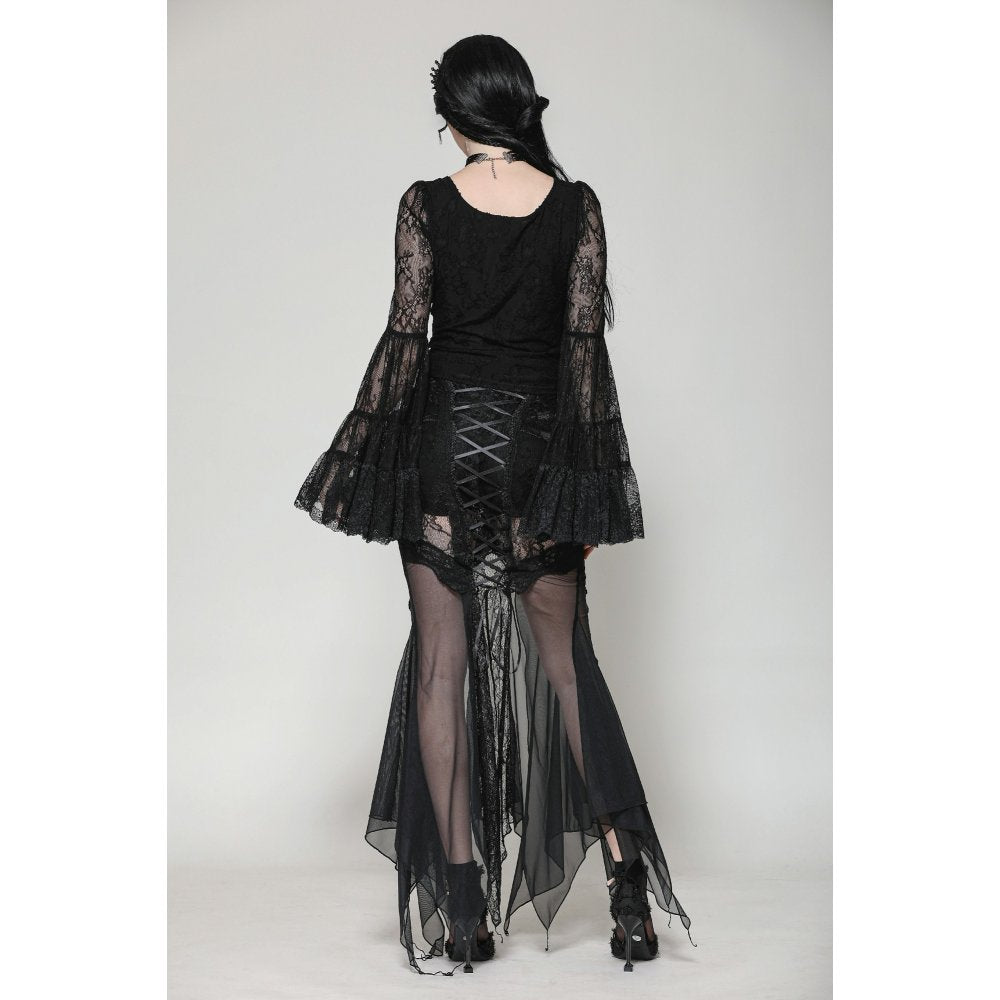 Dark in Love Gothic Top Zuri Romantic Lace Patchwork Bell-Sleeve - Sleeve Detail - QHA UK