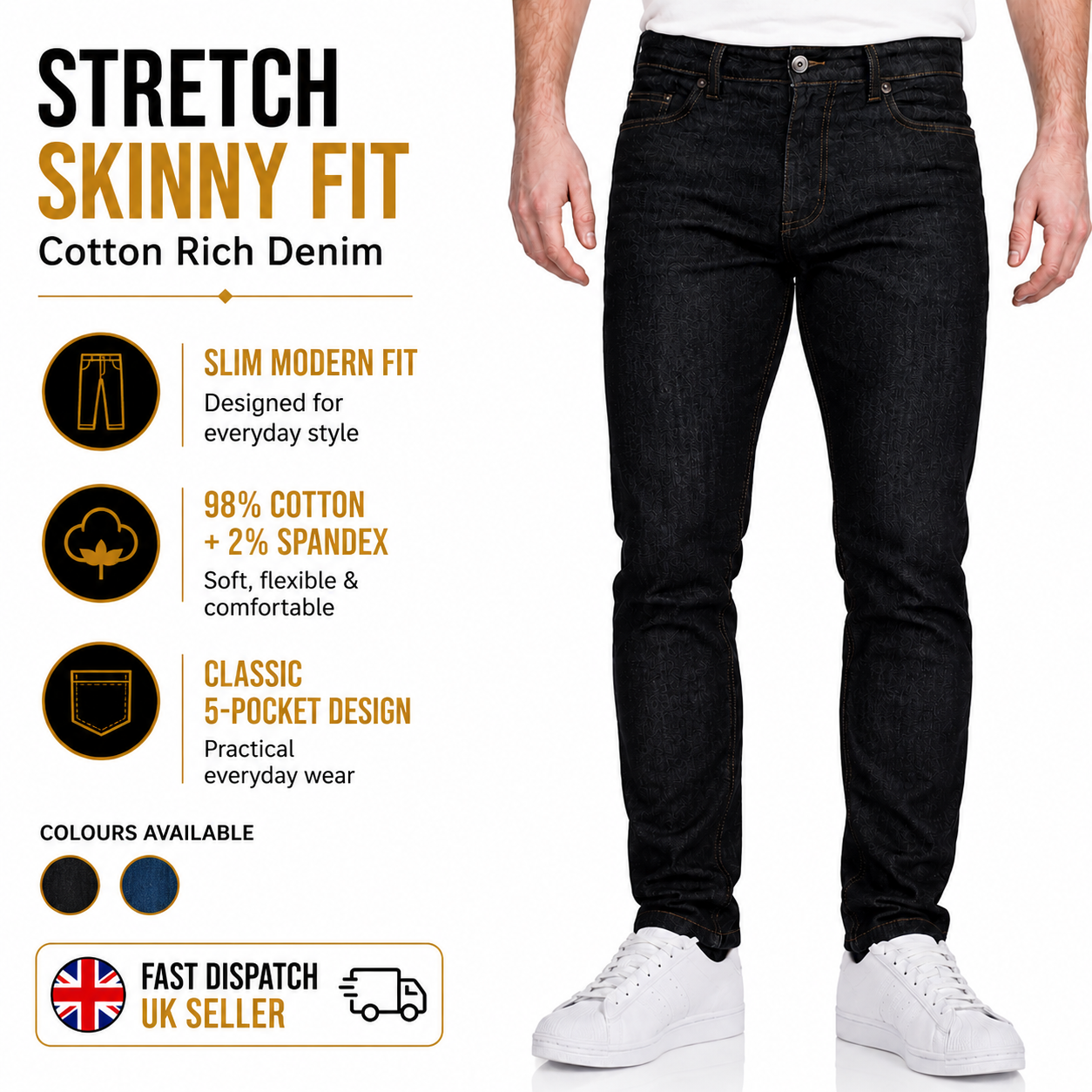 Ditch Plains BKX Mens Stretch Skinny Jeans Slim Fit Cotton Denim Pants - QHA UK