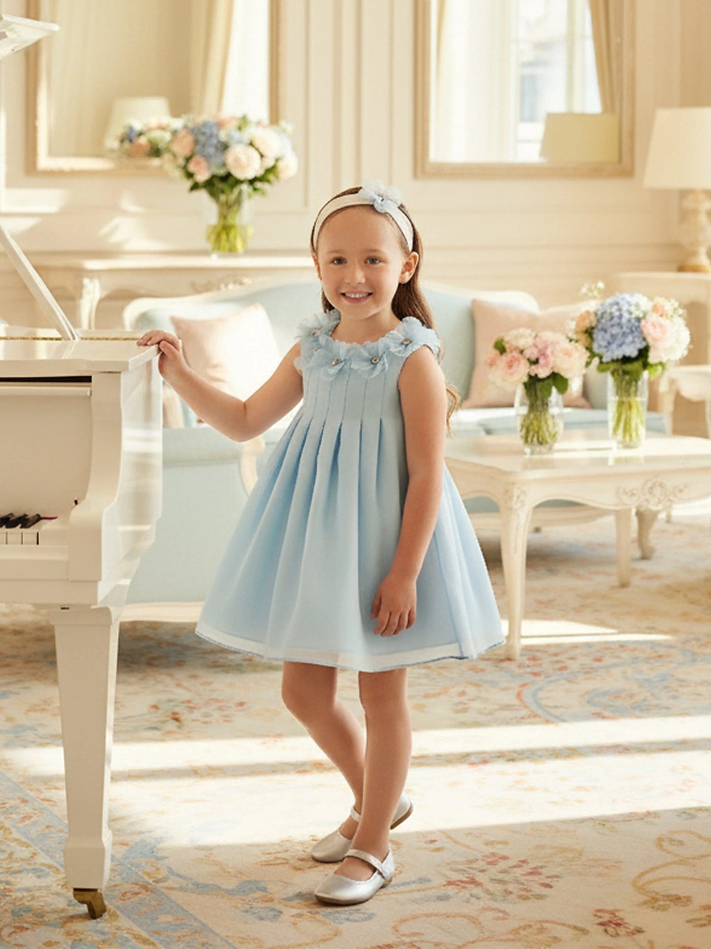 DRESS & Fleur Baby Girls Occasion Dress with Headband in Blue - QHA UK