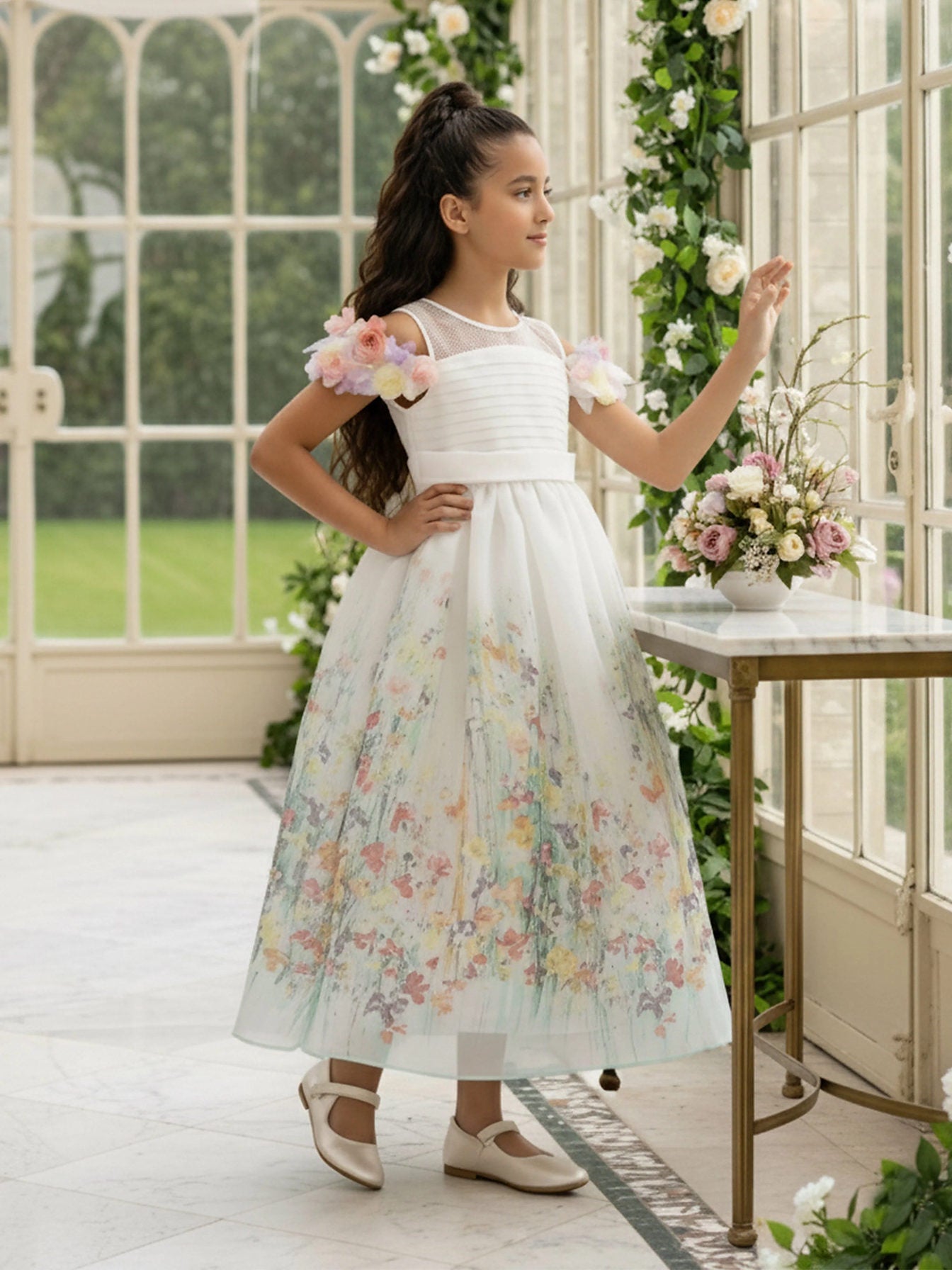 DRESS & Fleur Girls Floral Occasion Dress in Ivory | QHAUK - QHA UK