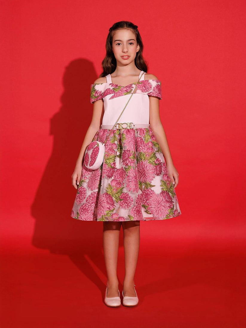 DRESS & Fleur Girls Jacquard Dress with Bag in Pink | QHAUK - QHA UK