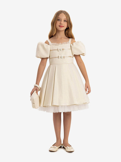 DRESS & Fleur Girls Puff Sleeve Dress with Bag in Beige | QHAUK - QHA UK