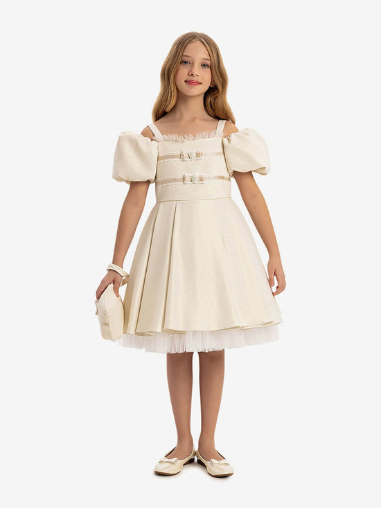 DRESS & Fleur Girls Puff Sleeve Dress with Bag in Beige | QHAUK - QHA UK
