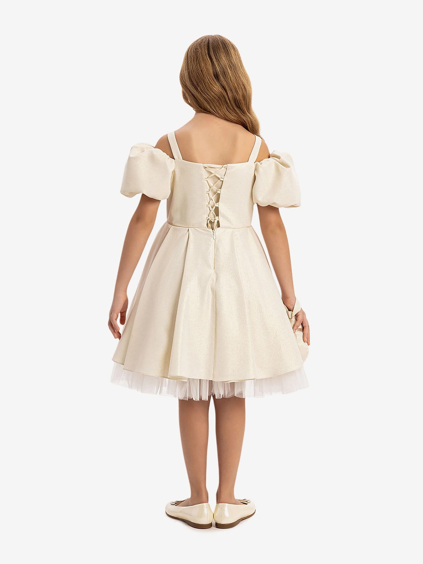 DRESS & Fleur Girls Puff Sleeve Dress with Bag in Beige | QHAUK - QHA UK