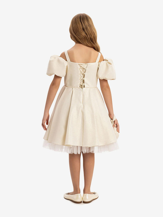 DRESS & Fleur Girls Puff Sleeve Dress with Bag in Beige | QHAUK - QHA UK