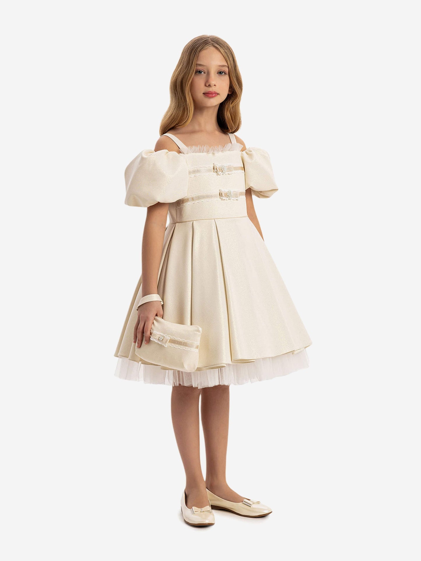 DRESS & Fleur Girls Puff Sleeve Dress with Bag in Beige | QHAUK - QHA UK