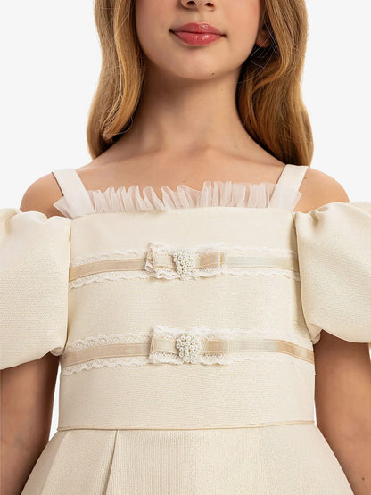 DRESS & Fleur Girls Puff Sleeve Dress with Bag in Beige | QHAUK - QHA UK