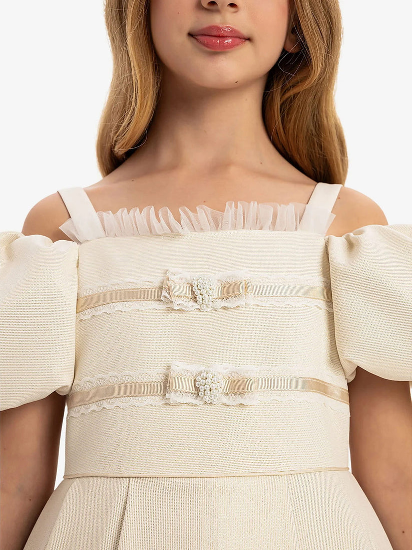 DRESS & Fleur Girls Puff Sleeve Dress with Bag in Beige | QHAUK - QHA UK