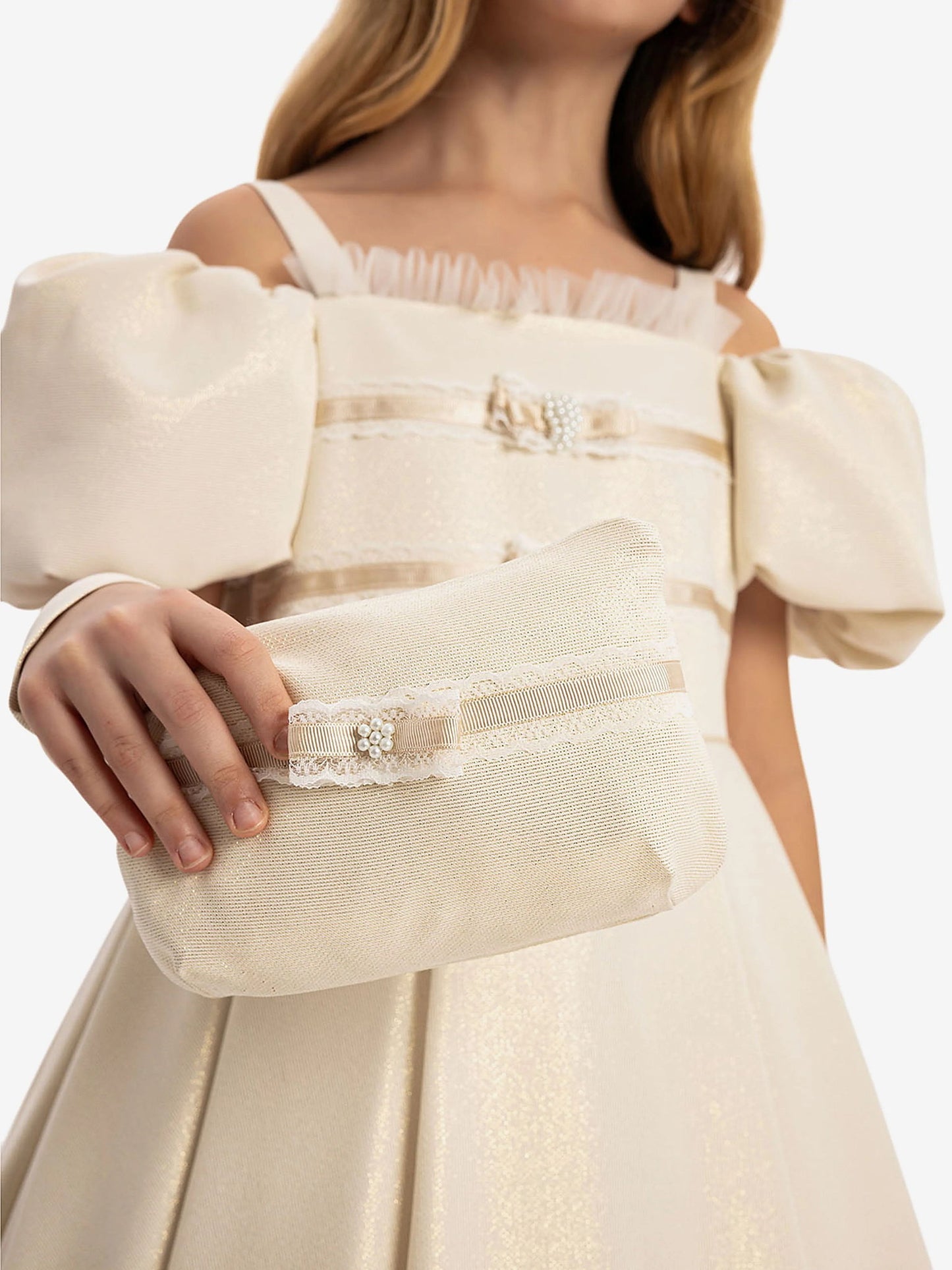 DRESS & Fleur Girls Puff Sleeve Dress with Bag in Beige | QHAUK - QHA UK