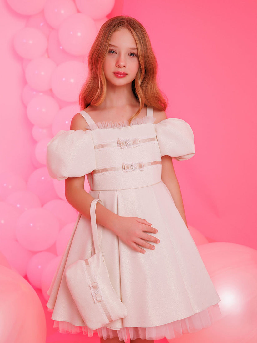 DRESS & Fleur Girls Puff Sleeve Dress with Bag in Beige | QHAUK - QHA UK
