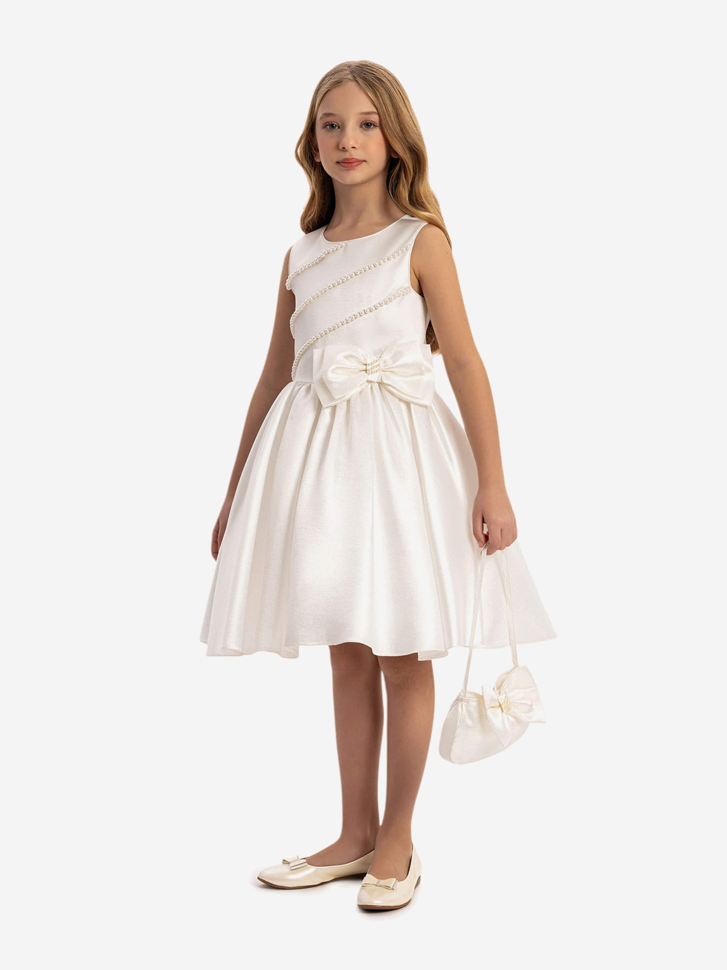 DRESS & Fleur Girls Satin Dress with Matching Bag in White - QHA UK
