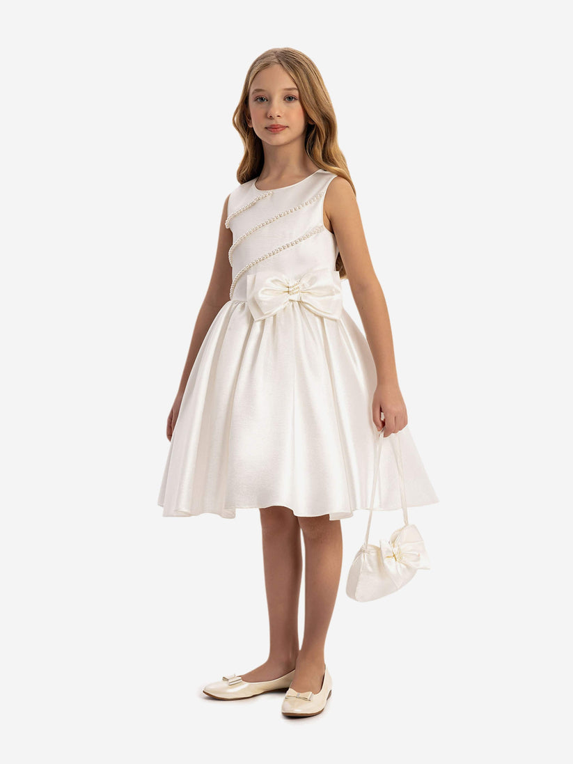 DRESS & Fleur Girls Satin Dress with Matching Bag in White - QHA UK