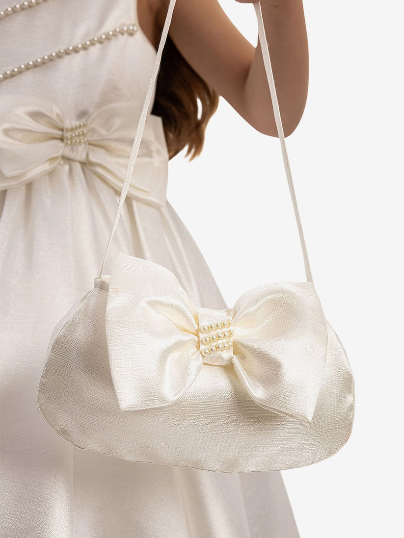 DRESS & Fleur Girls Satin Dress with Matching Bag in White - QHA UK