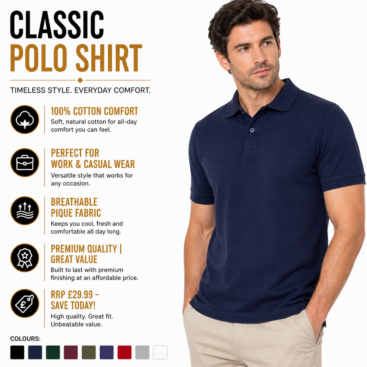 Mens 100% Cotton Polo Shirt Short Sleeve Pique Casual Work Top | Premi - QHA UK