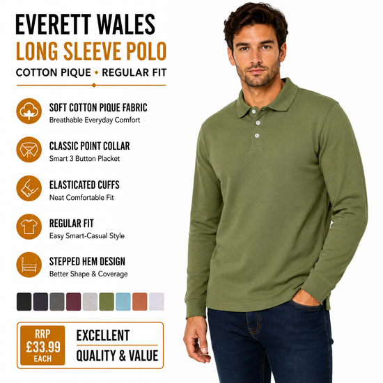 Everett Wales Mens Cotton Pique Long Sleeve Polo Shirt Casual Regular - QHA UK