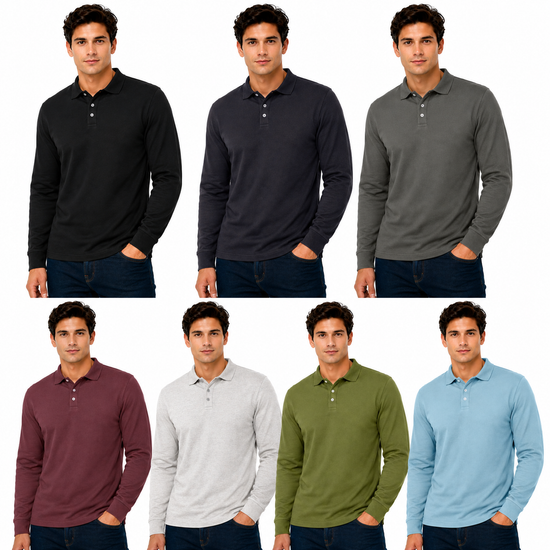 Everett Wales Mens Cotton Pique Long Sleeve Polo Shirt Casual Regular - Sleeve Detail - QHA UK