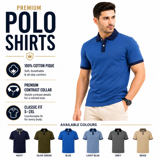 Mens Cotton Polo Shirt Contrast Collar Pique Casual T-Shirt S-2XL UK | - QHA UK