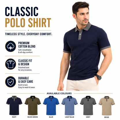 Mens Cotton Polo Shirt Contrast Collar Pique Casual T-Shirt S-2XL UK | - Collar Detail - QHA UK