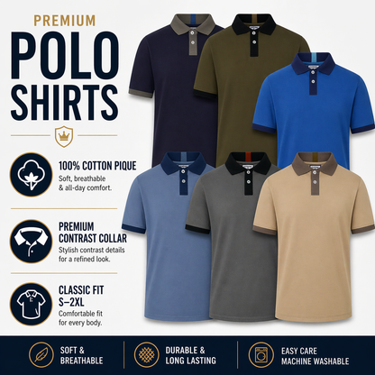 Mens Cotton Polo Shirt Contrast Collar Pique Casual T-Shirt S-2XL UK | - Collar Detail - QHA UK