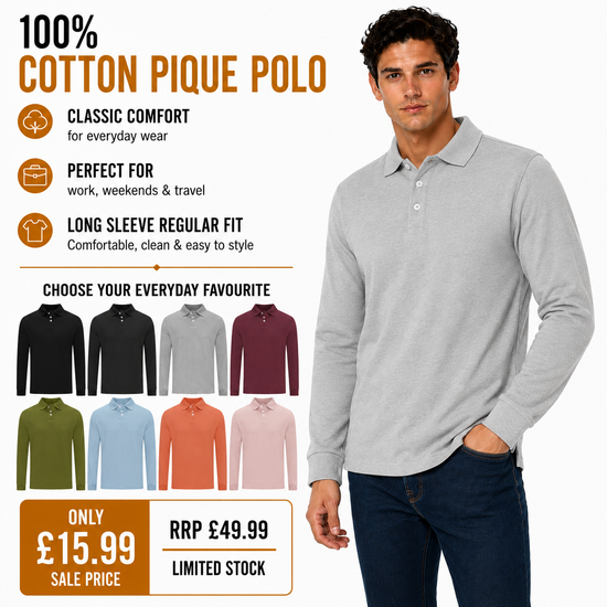 Evryone Mens Long Sleeve Pique Polo Shirt Cotton Regular Fit Casual Wo - QHA UK