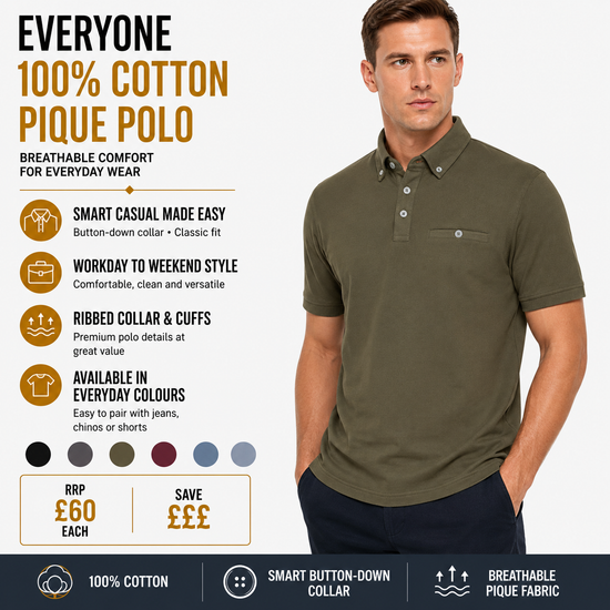Evryone Mens Cotton Pique Polo Shirt Button Collar Short Sleeve Casual - Collar Detail - QHA UK