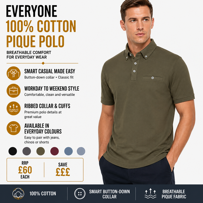 Evryone Mens Cotton Pique Polo Shirt Button Collar Short Sleeve Casual - Collar Detail - QHA UK
